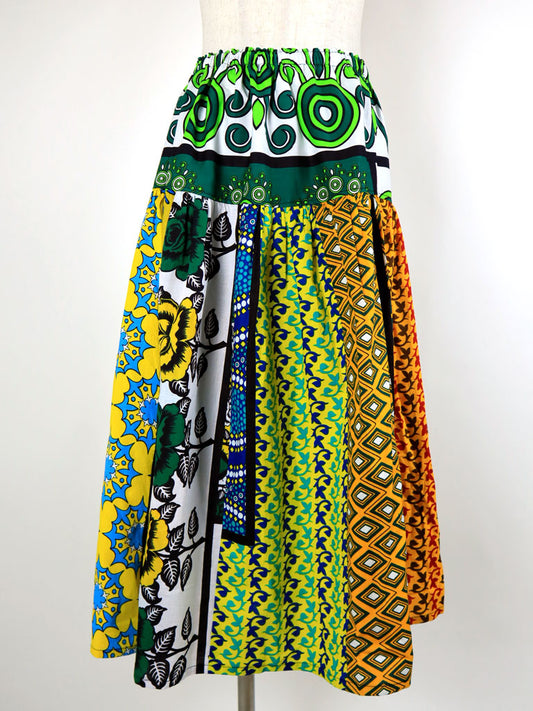 カンガのパッチワーク・ヨークロングスカート/グリーンペイズリー×イエロー