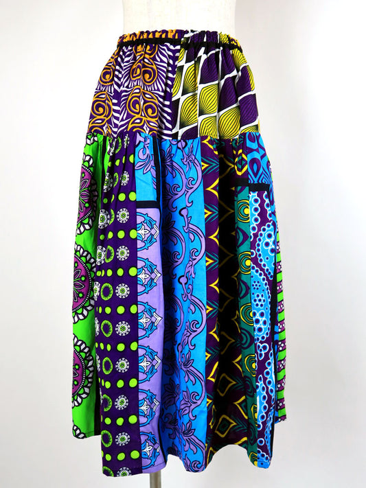 カンガのパッチワーク・ヨークロングスカート/パープル×ブルー