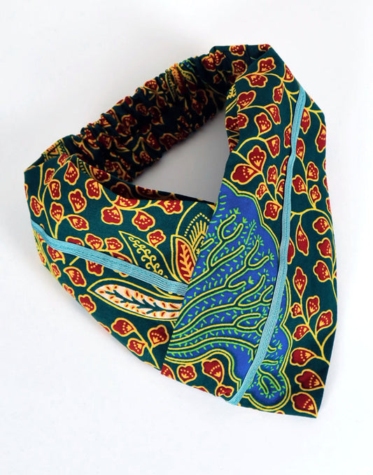 アフリカンプリントのクロスターバン・グリーン×ブルーロータス