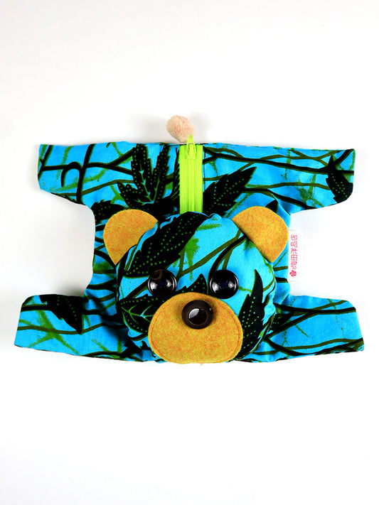 アフリカンプリントのくまポーチ・ターコイズ×リーフ