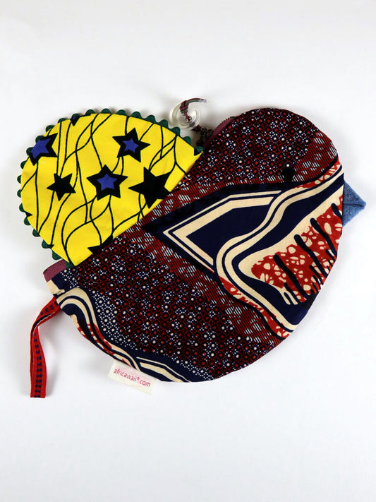 アフリカンプリントの鳥さんポーチ・レッド×イエロー×ブルースター