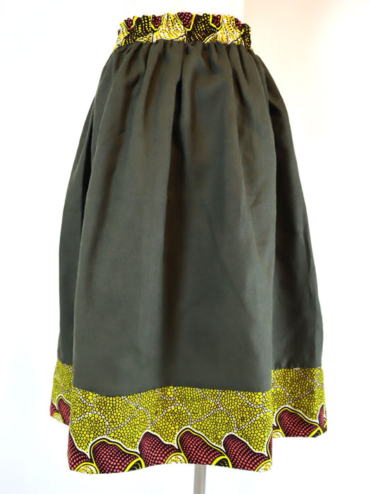 リネンのポケット付きギャザー切り替えスカート・イエロー(リネン色カーキ)