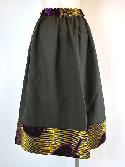 リネンのポケット付きギャザー切り替えスカート・イエロー×パープル(リネン色カーキ)