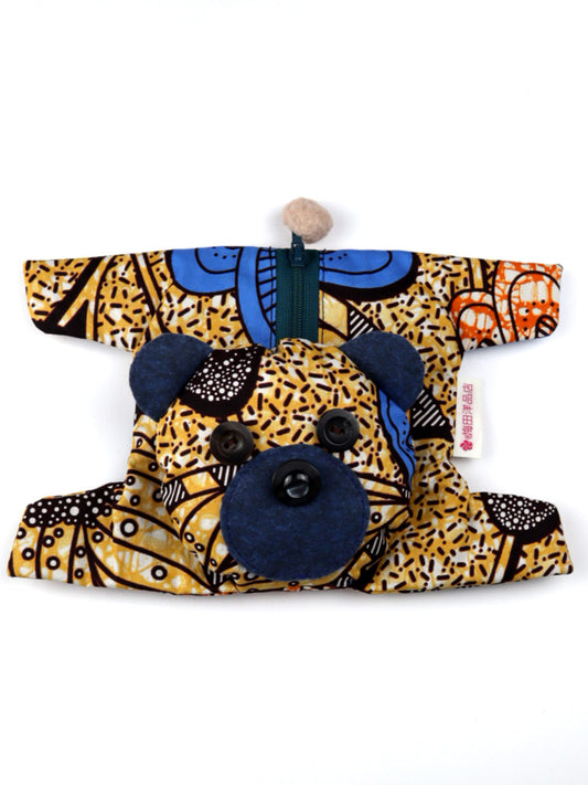 アフリカンプリントのくまポーチ・オーカー×ブルー