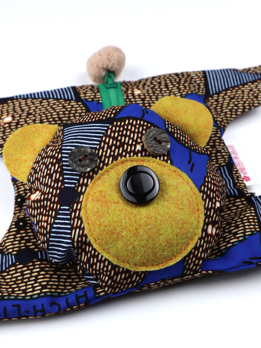 アフリカンプリントのくまポーチ・ブラウン×ブルー