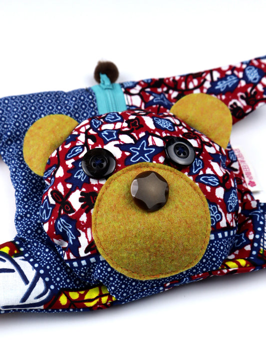 アフリカンプリントのくまポーチ・ブルー×レッド