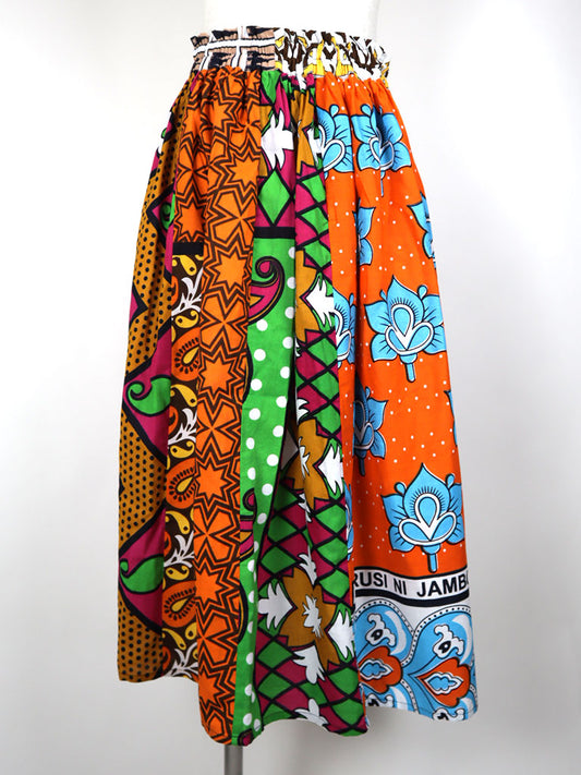 カンガのパッチワークロングスカート・オレンジ×ブルーロータス