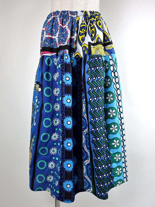 カンガのパッチワーク・ヨークロングスカート/ブルー