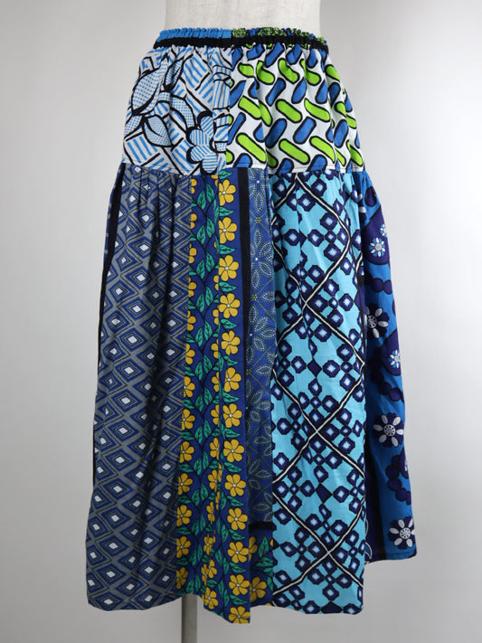 カンガのパッチワーク・ヨークロングスカート/ブルー×黄色の花