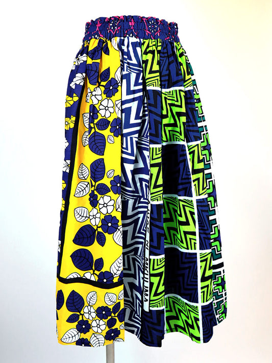 カンガのパッチワークロングスカート・青と緑のジグザグ