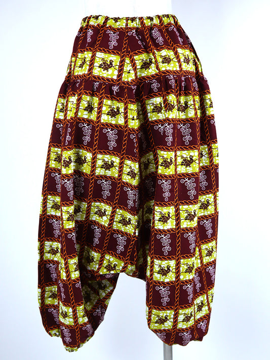 ポケット付きサルエルパンツ・ロング/グリーン×ホロホロ鳥