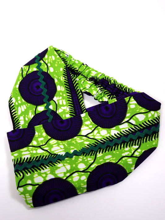 アフリカンプリントのクロスターバン・グリーン×パープルサークル