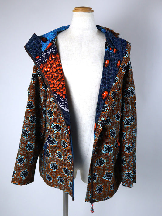 ポケット付きジップアップパーカー・オレンジ×ブラウンフラワー