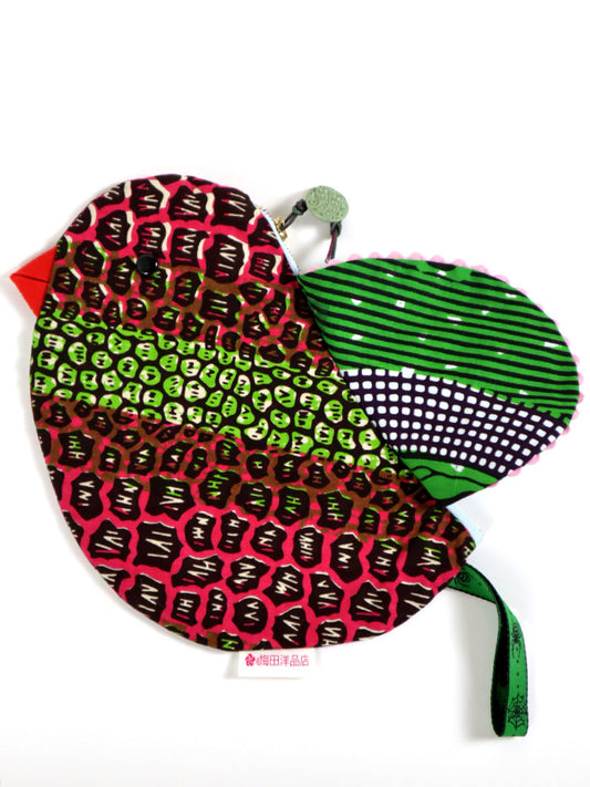 アフリカンプリントの鳥さんポーチ・レッド×グリーン