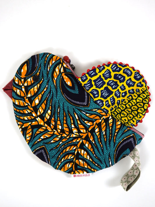 アフリカンプリントの鳥さんポーチ・オレンジ×ブルー×イエロー