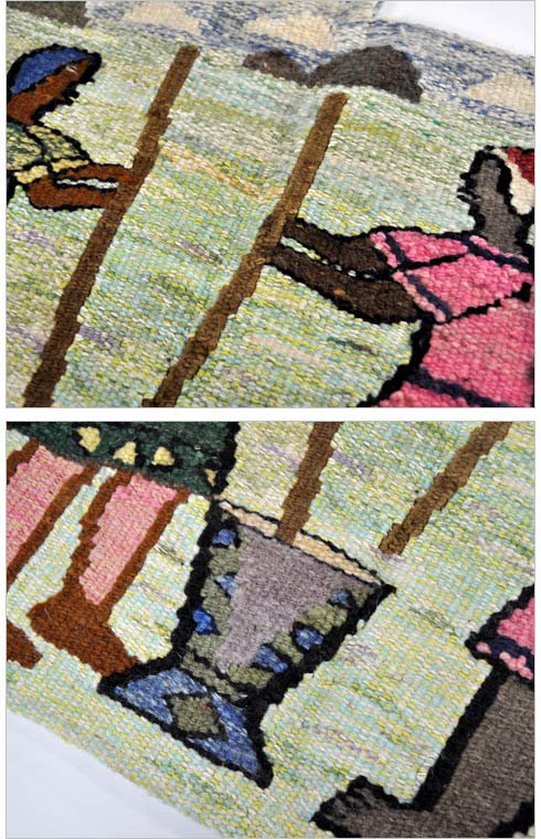 ジンバブエの手織りタペストリー・杵つきする女性たち