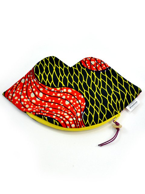 アフリカンプリントのくちびるポーチ・イエローメッシュ