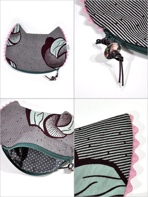 アフリカンプリントのキャットポーチ・ライムブルー