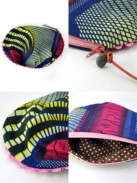 アフリカンプリントのぷっくりポーチ・ピンクライン
