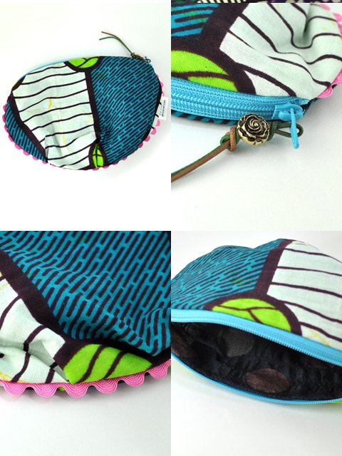 アフリカンプリントのぷっくりポーチ・ターコイズ