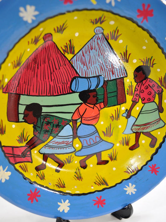 アフリカのヴィレッジ・ライフ・ホーローの手描きプレート F