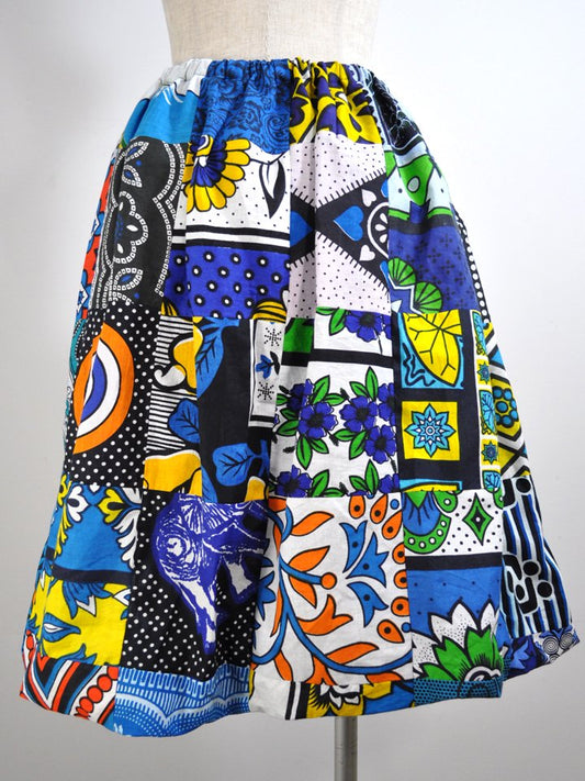 カンガのデコパッチワーク・バルーンスカート・ブルー&オレンジ