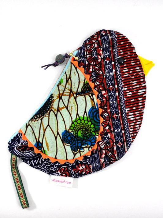 アフリカンプリントの鳥さんポーチ・グリーンウィングレッドヘッドバード