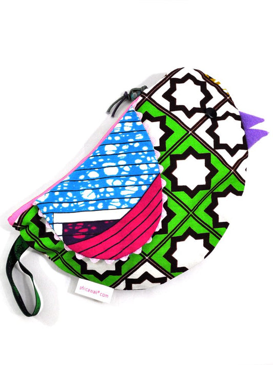 アフリカンプリントの鳥さんポーチ・ブルーウィングスターバード