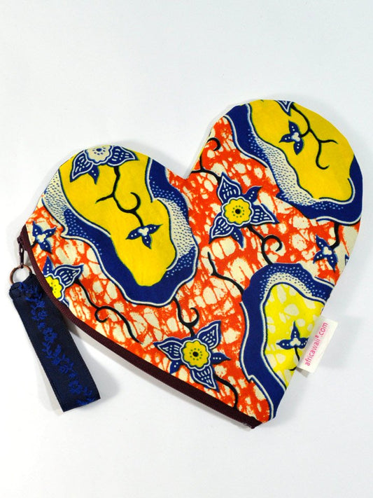 アフリカンプリントのハート型ポーチ・イエローフラワー