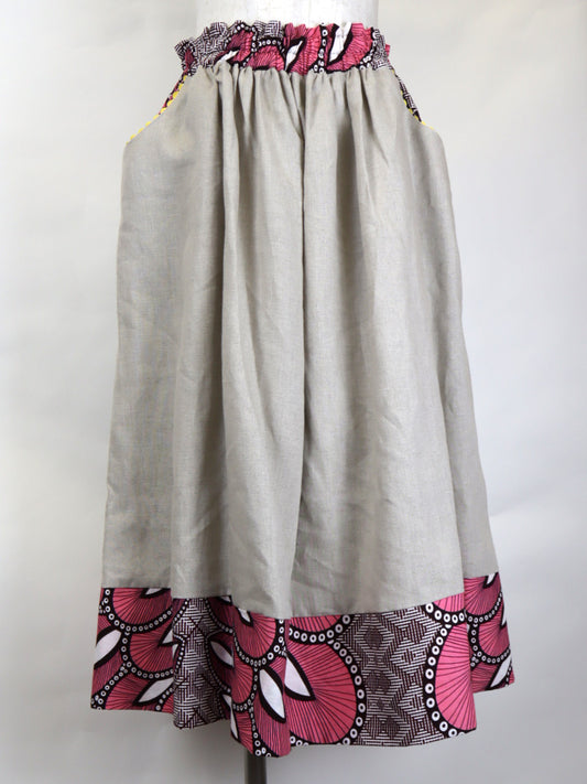 リネンのポケット付きギャザー切り替えスカート・ピンクフェザー(リネン色ナチュラル)