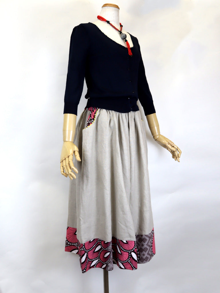 リネンのポケット付きギャザー切り替えスカート・ピンクフェザー(リネン色ナチュラル)