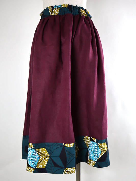 リネンのポケット付きギャザー切り替えスカート・ボックス(リネン色ボルドー)