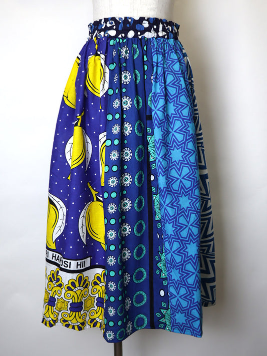カンガのパッチワークロングスカート・ブルー×イエローマンゴー