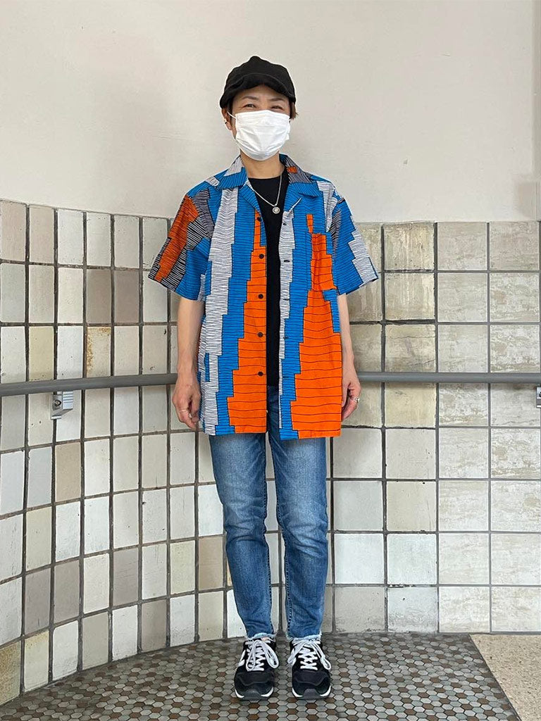 半袖シャツ・ブルー×パープルフラワー Lサイズ