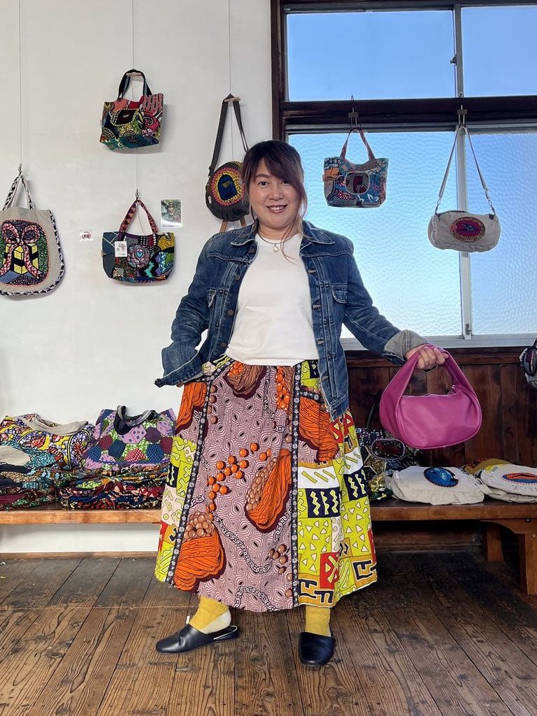 ポケット付きフォークロア・ロングスカート・橙と緑のマッシュルーム
