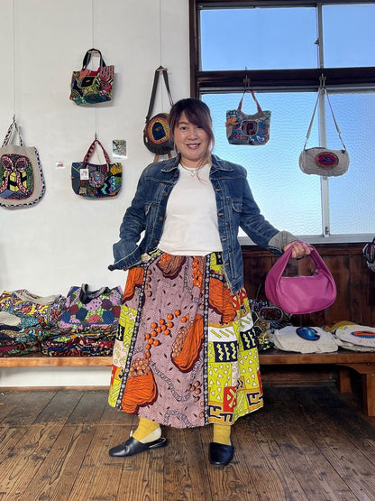 ポケット付きフォークロア・ロングスカート・橙と緑のマッシュルーム