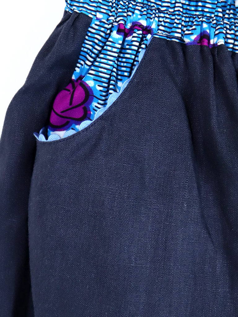 リネンのポケット付きギャザー切り替えスカート・パープルフラワー（リネン色ネイビー）