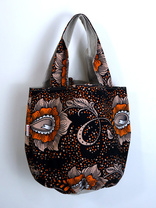 リネンのリバーシブルバッグ・橙色の花(リネン色ナチュラル)