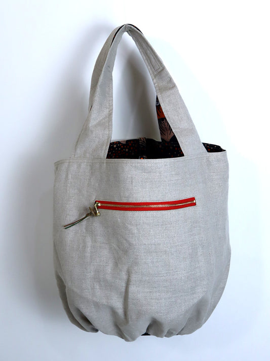 リネンのリバーシブルバッグ・橙色の花(リネン色ナチュラル)