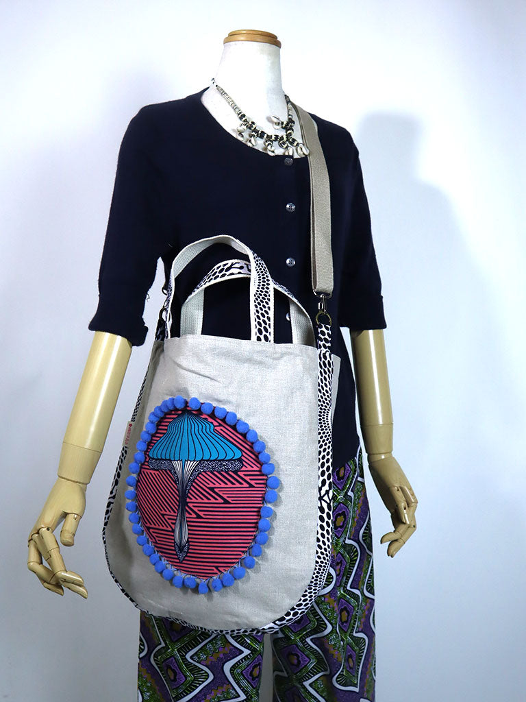 リネンの2wayトートバッグ・ブルーマッシュルーム