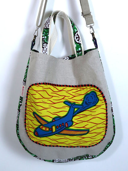 リネンの2wayトートバッグ・イエロー×ブルーエアプレーン