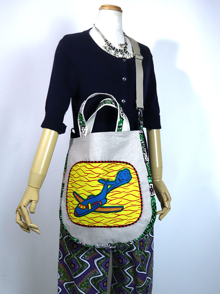 リネンの2wayトートバッグ・イエロー×ブルーエアプレーン