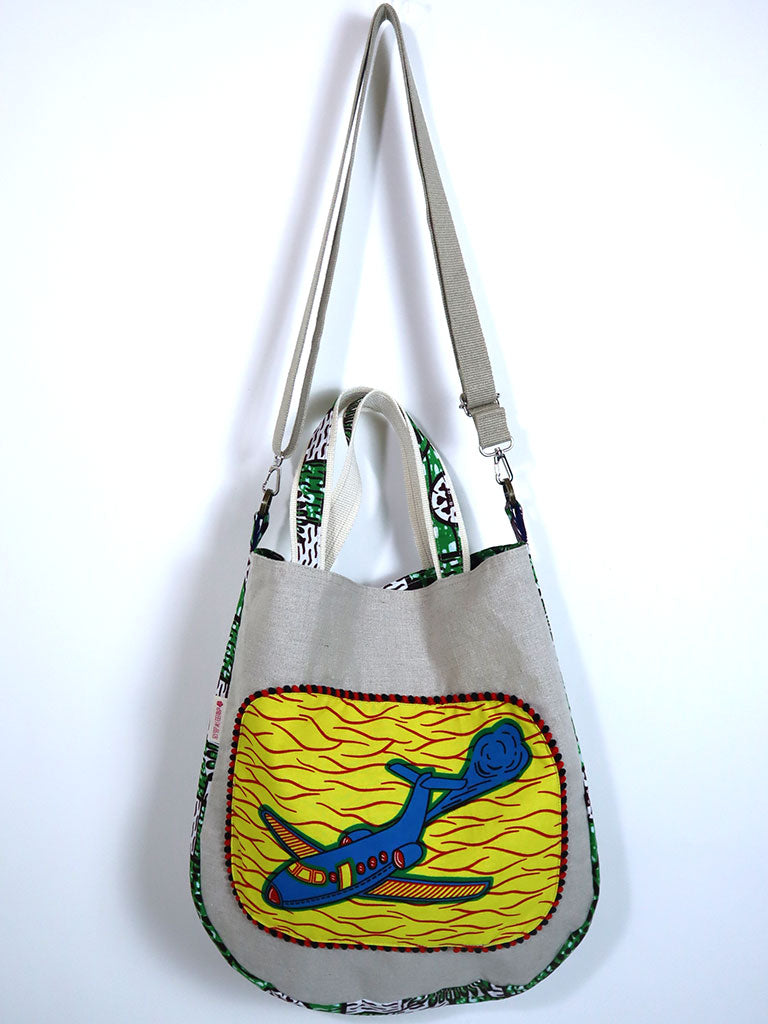 リネンの2wayトートバッグ・イエロー×ブルーエアプレーン