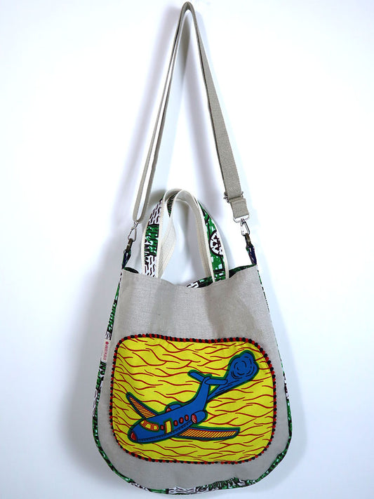 リネンの2wayトートバッグ・イエロー×ブルーエアプレーン