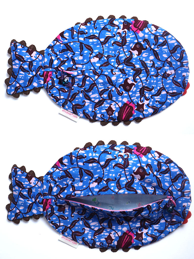 アフリカンプリントのお魚ポーチ・ブルー