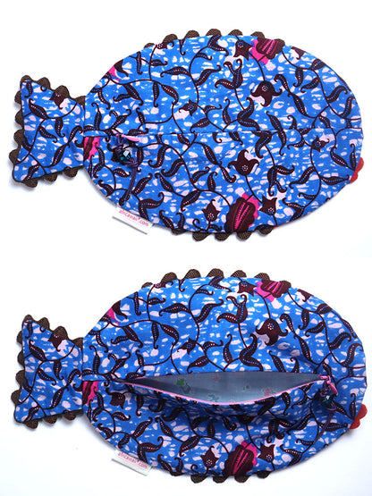 アフリカンプリントのお魚ポーチ・ブルー