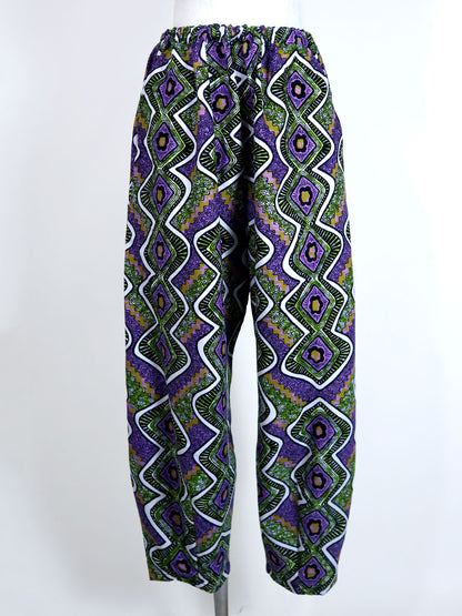 前後ポケット付きコクーンパンツ/パープル×グリーン