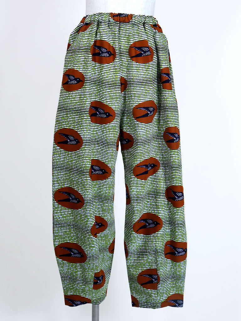 前後ポケット付きコクーンパンツ/グリーン×バード