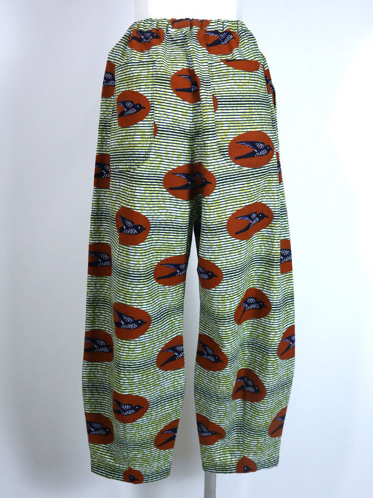 前後ポケット付きコクーンパンツ/グリーン×バード