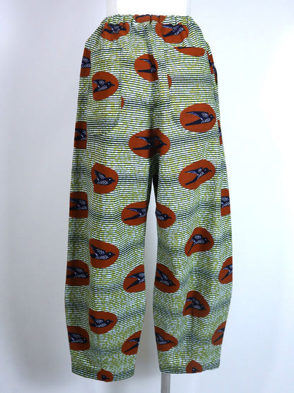 前後ポケット付きコクーンパンツ/グリーン×バード